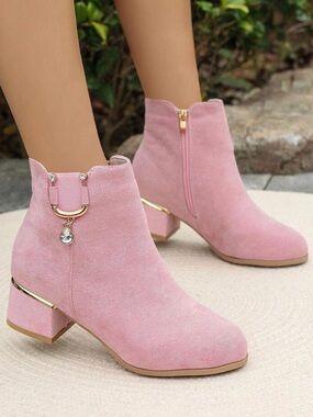 Pink Suede Boots crystal gold rhinestones ankle 7 7 1/2 shoe diamond embellished